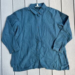 Eileen Fisher Linen Long Button Down Teal Woman's-Size PL